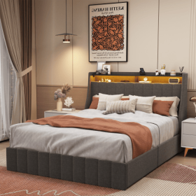 Queen Size Bed Frame With LED, 4 Under-bed Portable Storage Drawers, Wings Headboard Design (Color: Dark Grey)